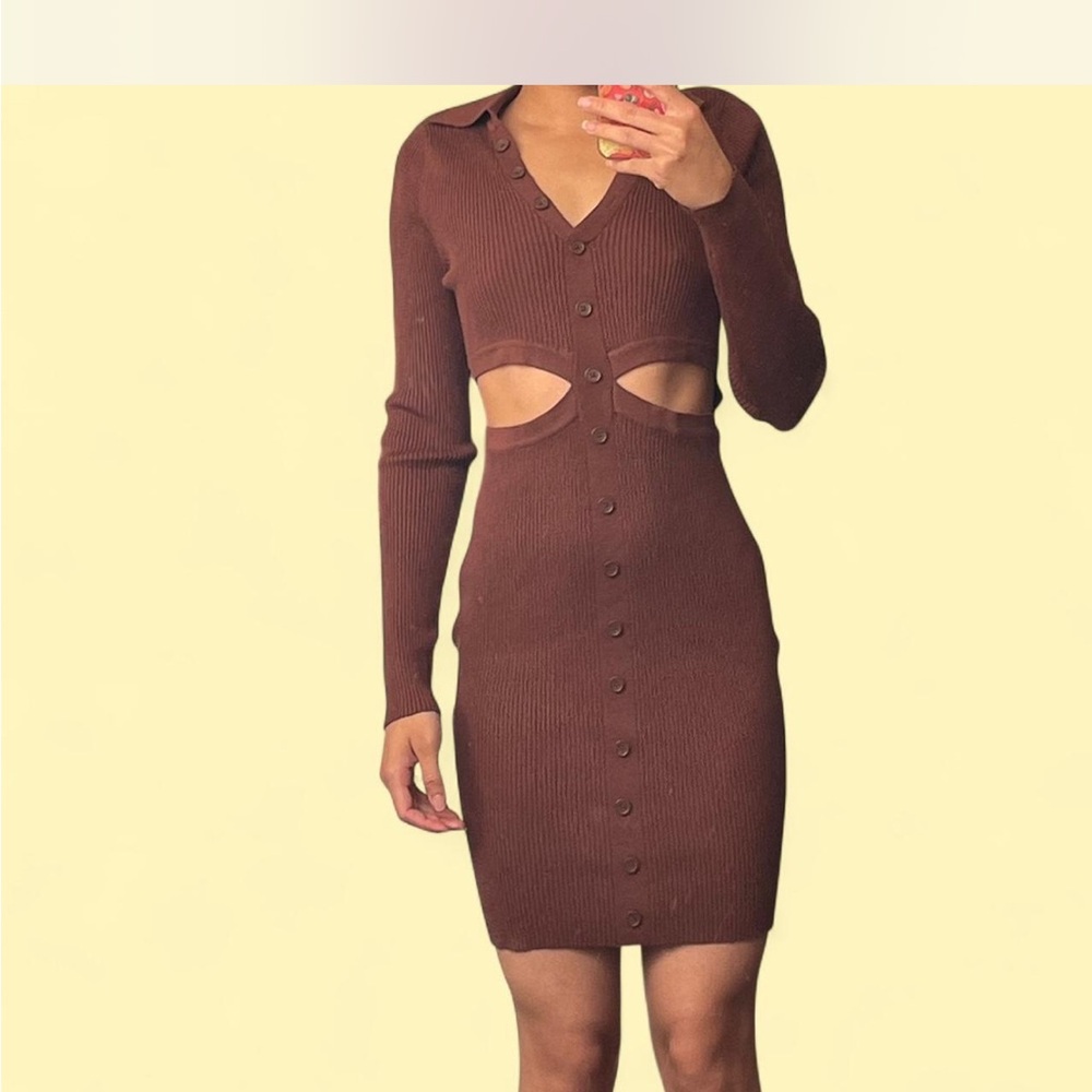 Derek Heart Brown Long Sleeve Cut-Out Dress